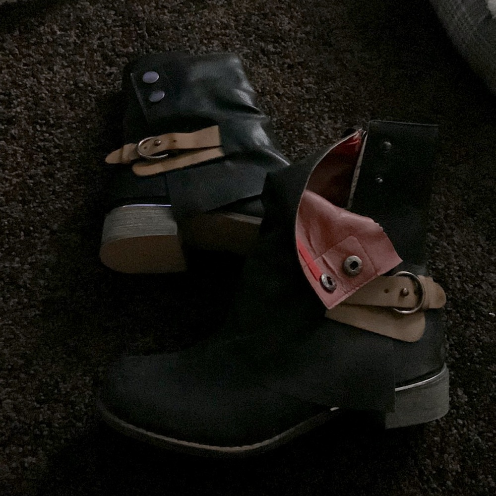 Black Vinyl Boot with brown buckle, silver snaps